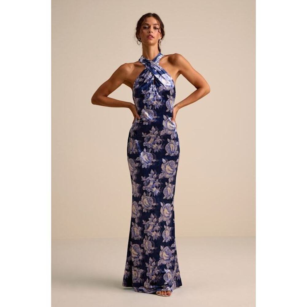 Navy Floral Velvet Backless Mermaid Maxi Dress Blue - Size S